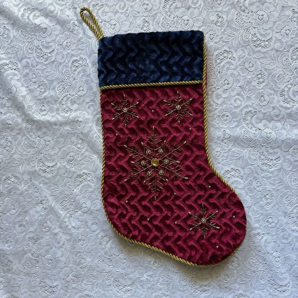 Set of 3 Velvet Christmas Stockings Beaded Snowflake Jewel Holiday‎ Decor